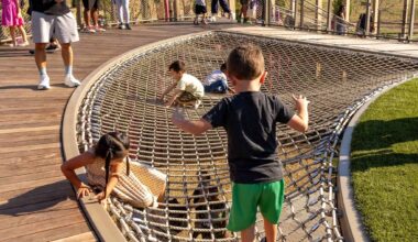 Children climbing on a large net playground structure in a park setting.