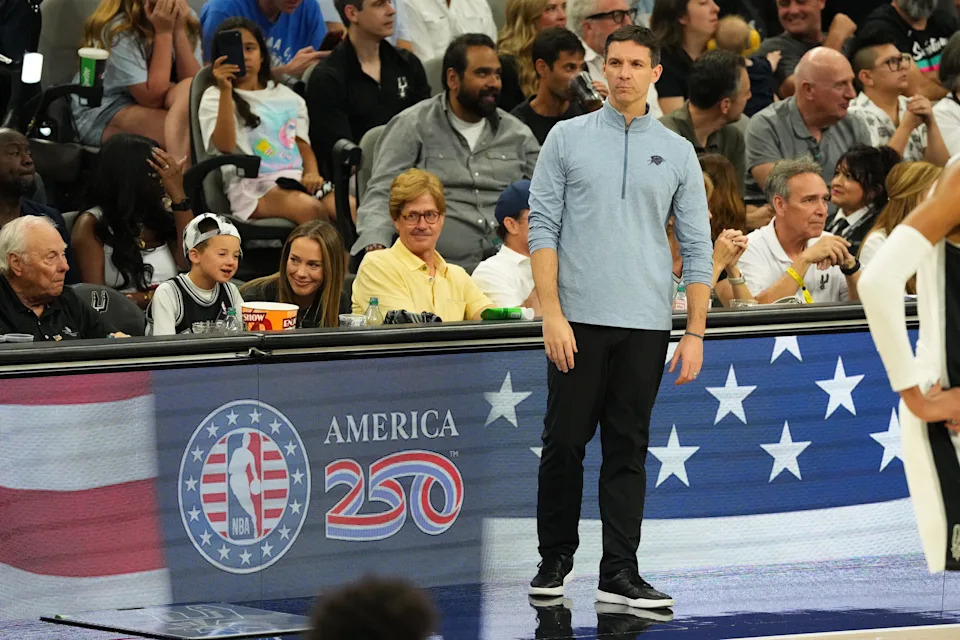 May 24, 2026; San Antonio, Texas, USA; Oklahoma City Thunder head coach Mark Daigneault looks on during the fourth quarter against the San Antonio Spurs during game four of the western conference finals for the 2026 NBA playoffs at Frost Bank Center. Mandatory Credit: Scott Wachter-Imagn Images