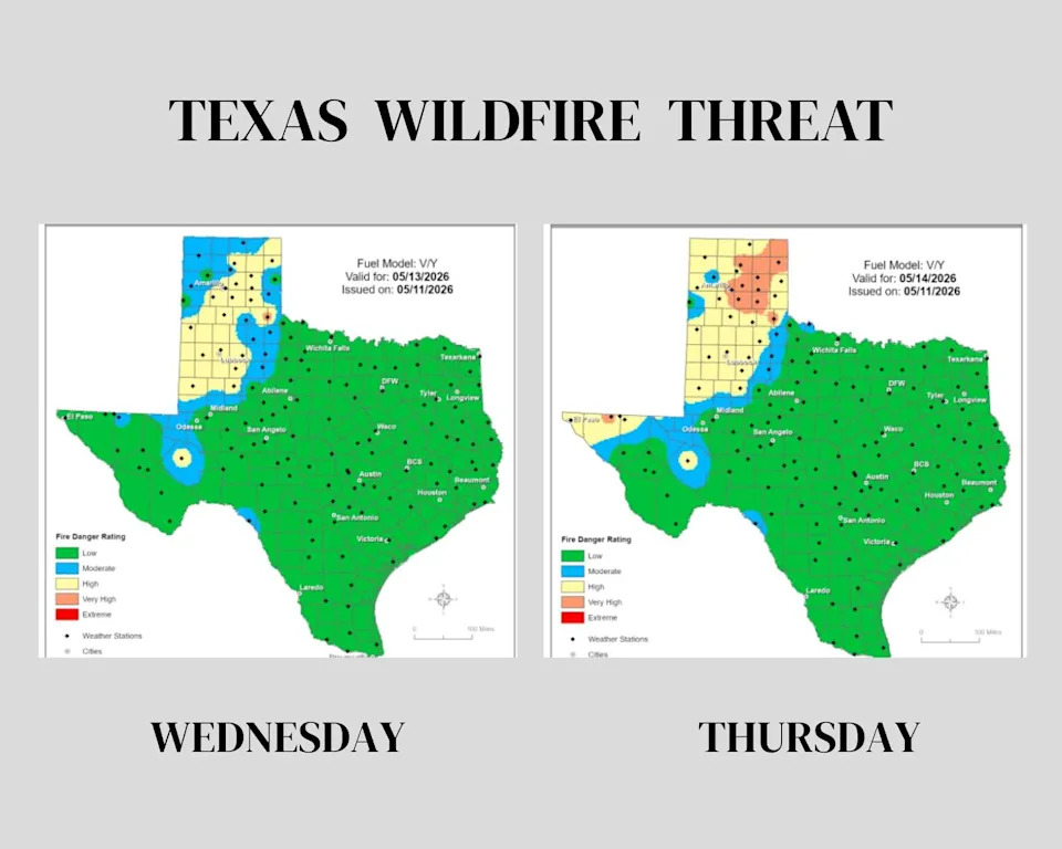 The threat of fast-spreading wildfires will pick up across the Texas Panhandle, where not much rain has been recorded in the past several weeks. (Texas A&M Forest Service)