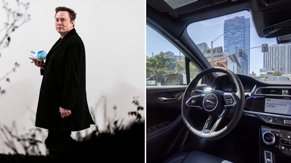 Photo of Elon Musk and a self-driving taxi