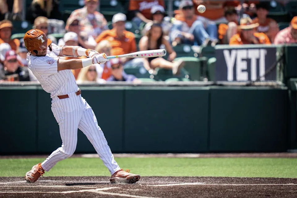 Texas Longhorns infielder Temo Becerra (1) hits a single in the second inning as the Texas Longhorns play the Mississippi State Bulldogs in the second of a three game series at Disch-Falk Field in Austin, May 2, 2026. (Sara Diggins/Austin American-Statesman)