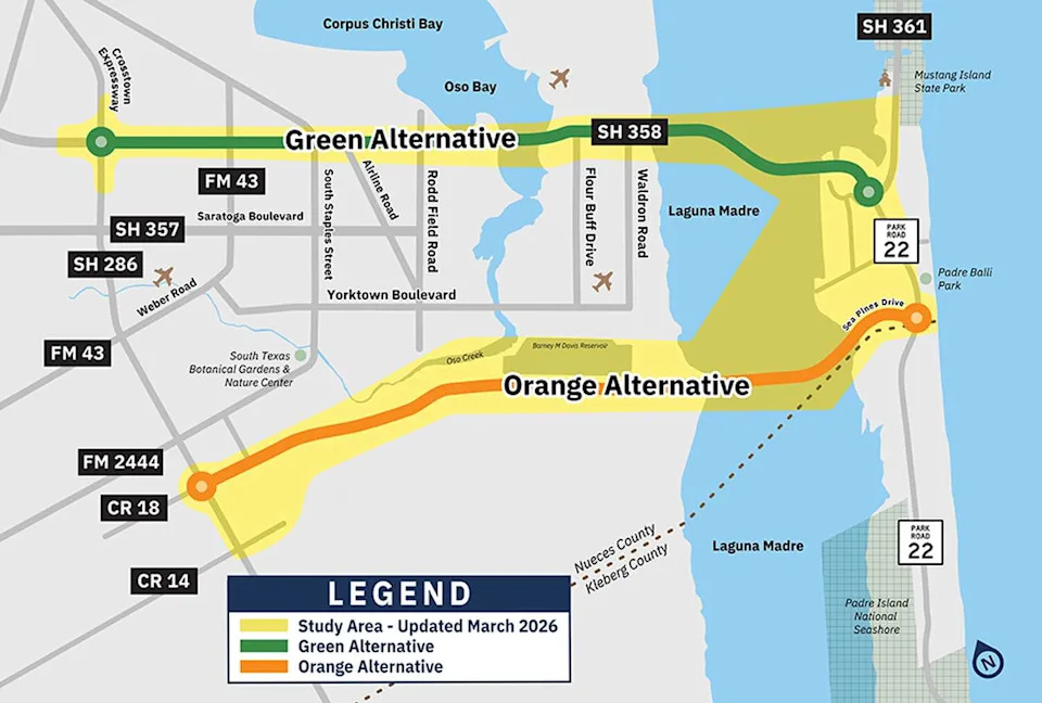 Shown are two potential routes that the Texas Department of Transportation is considering for a new bridge that would connect Corpus Christi to North Padre Island. (Courtesy TxDOT)