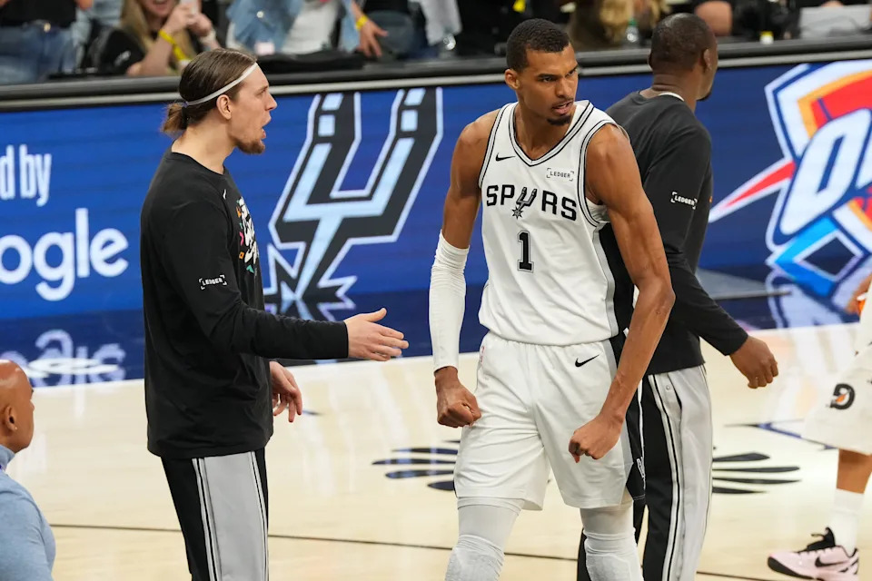 May 24, 2026; San Antonio, Texas, USA; San Antonio Spurs center Victor Wembanyama (1) reacts after the second quarter against the Oklahoma City Thunder during game four of the western conference finals for the 2026 NBA playoffs at Frost Bank Center. Mandatory Credit: Scott Wachter-Imagn Images