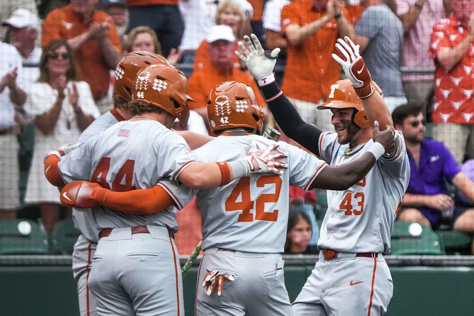 The Texas Longhorns celebrate a home run by outfielder Aiden Robbins (43) during the NCAA Baseball Regional game against Tarleton State at UFCU Disch-Falk Field on Saturday, May 30, 2026 in Austin. (Aaron E. Martinez/Austin American-Statesman)