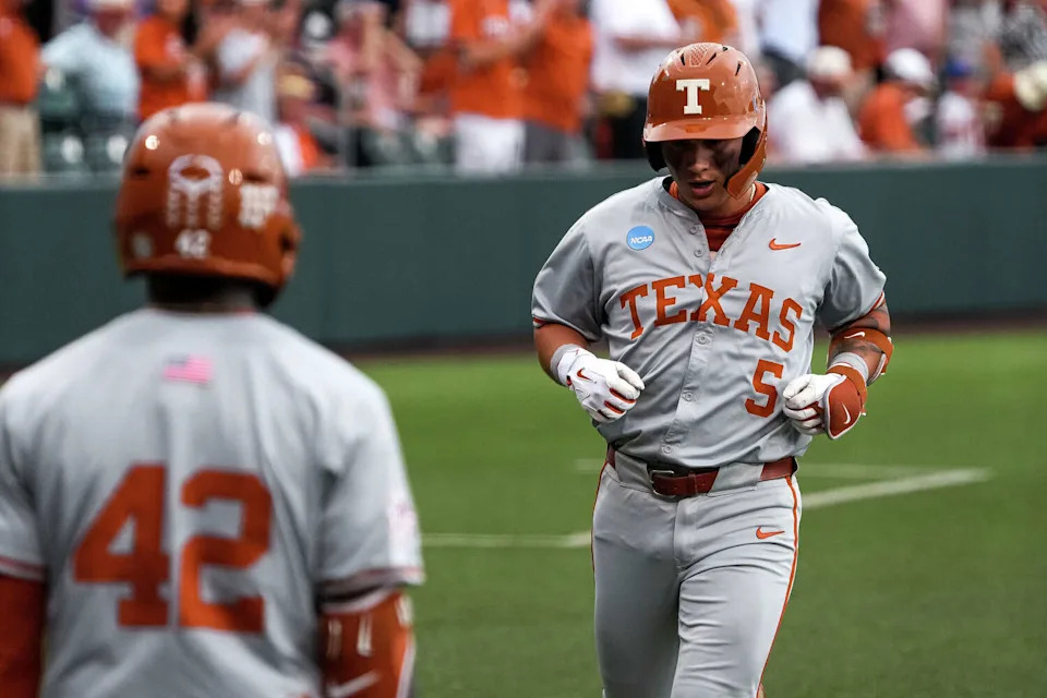 Texas Longhorns designated hitter Ethan Mendoza (5) runs home after a home run during the NCAA Baseball Regional game against Tarleton State at UFCU Disch-Falk Field on Saturday, May 30, 2026 in Austin. (Aaron E. Martinez/Austin American-Statesman)