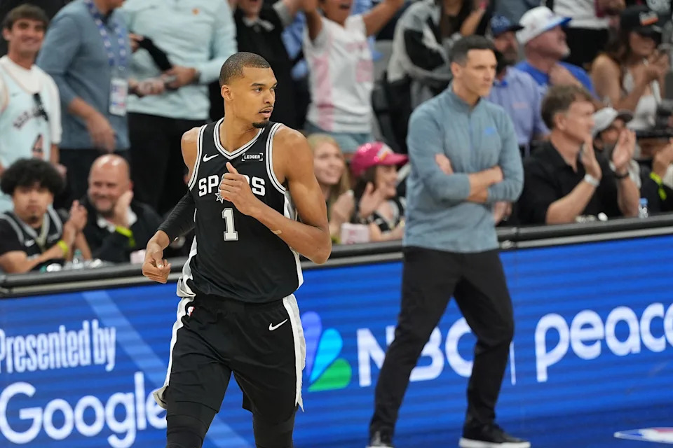 May 28, 2026; San Antonio, Texas, USA; San Antonio Spurs forward Victor Wembanyama (1) reacts after a three point basket against the Oklahoma City Thunder in the first half during game six of the western conference finals for the 2026 NBA playoffs at Frost Bank Center. Mandatory Credit: Daniel Dunn-Imagn Images