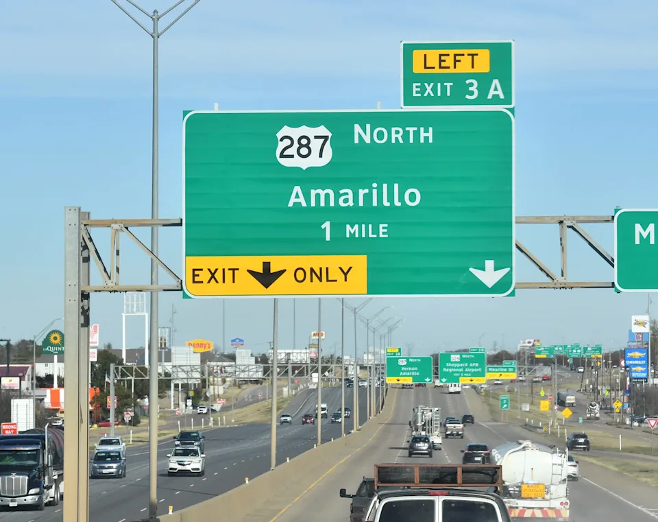 A sign above Central East Freeway in Wichita Falls directs drivers to the correct lane for U.S. Highway 287 on Wednesday, Dec. 3, 2025.