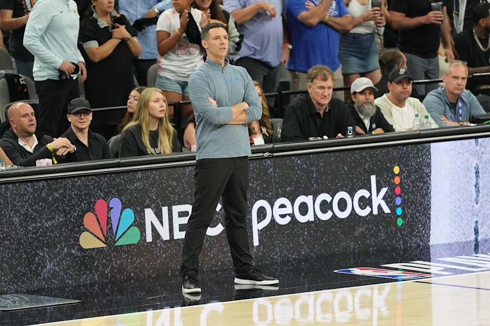 May 28, 2026; San Antonio, Texas, USA; Oklahoma City Thunder head coach Mark Daigneault in the first half during game six of the western conference finals for the 2026 NBA playoffs at Frost Bank Center. Mandatory Credit: Daniel Dunn-Imagn Images