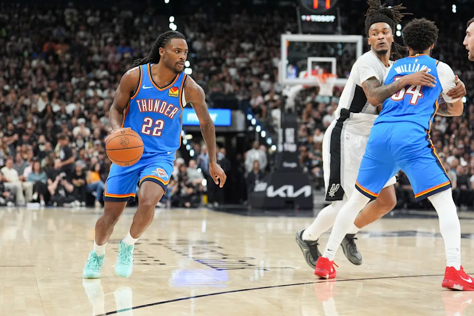 May 24, 2026; San Antonio, Texas, USA; Oklahoma City Thunder guard Cason Wallace (22) moves the ball in the fourth quarter against the San Antonio Spurs during game four of the western conference finals for the 2026 NBA playoffs at Frost Bank Center. Mandatory Credit: Daniel Dunn-Imagn Images