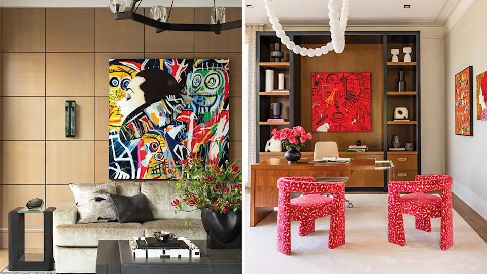 From left: A piece by Ashley Longshore dazzles in the formal living room, set against a crisply tailored sofa from Holly Hunt and accent tables by Hellman-Chang; Her study is a luminous workspace, thanks in part to a sculptural lighting installation by Cameron Design House. The painting above the desk is by Donald Robertson.
