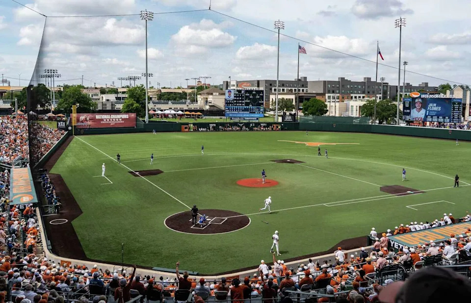 The Texas Longhorns play the Houston Christian Huskies in the NCAA Tournament Austin Regional game against the Houston Christian Huskies at UFCU Disch-Falk Field, May 30, 2025. (Sara Diggins, Austin American-Statesman)