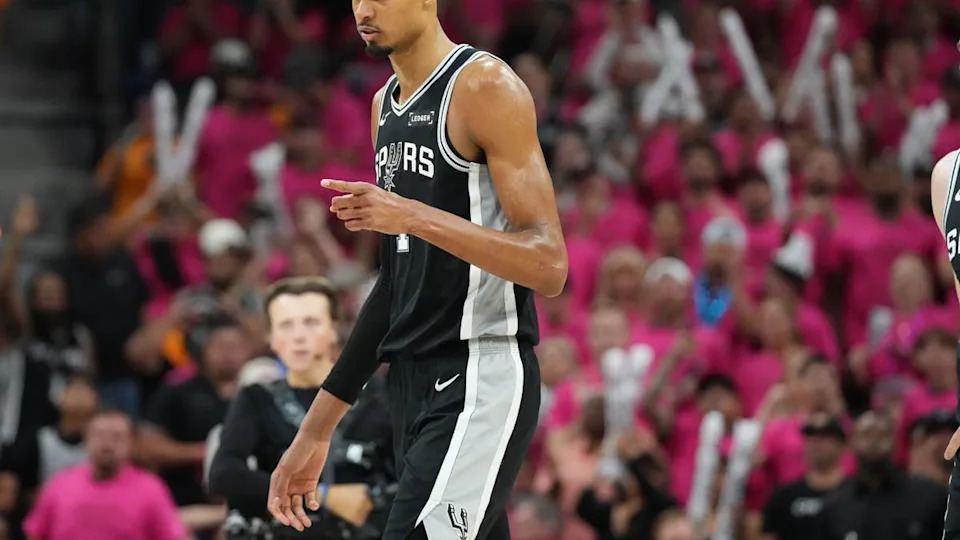 San Antonio Spurs forward Victor Wembanyama (1) reacts in the second half during game three of the western conference finals. Scott Wachter-Imagn Images
