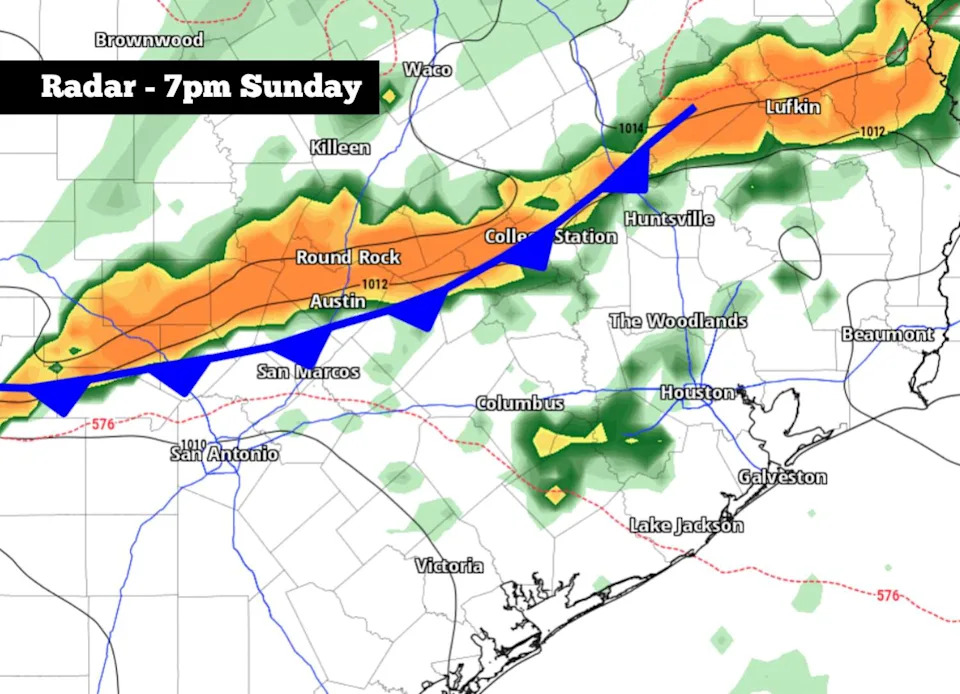 A potential weather radar image for 7 p.m. Sunday shows a line of strong thunderstorms heading toward South and Central Texas along a cold front. San Antonio's best chance of storms will occur after 8 p.m. (Pivotal Weather)