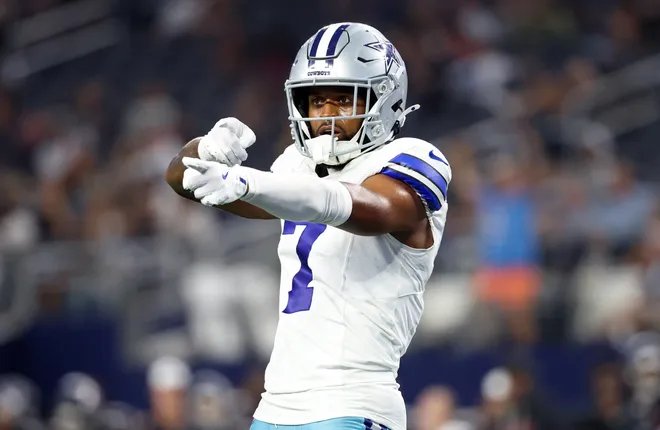 Aug 22, 2025; Arlington, Texas, USA; Dallas Cowboys wide receiver Traeshon Holden (7) reacts during the second half against the Atlanta Falcons at AT&T Stadium. Mandatory Credit: Kevin Jairaj-Imagn Images
