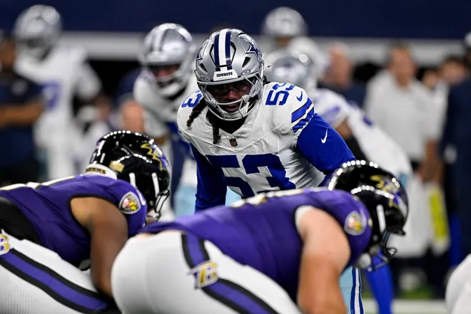 Aug 16, 2025; Arlington, Texas, USA; Dallas Cowboys linebacker James Houston (53) looks on during the game between the Dallas Cowboys and the Baltimore Ravens at AT&T Stadium. Mandatory Credit: Jerome Miron-Imagn Images