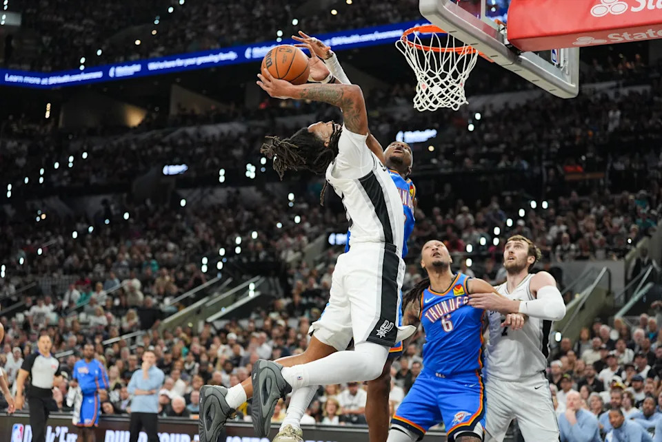 May 24, 2026; San Antonio, Texas, USA; San Antonio Spurs guard Stephon Castle (5) shoots while defended by San Antonio Spurs guard Dylan Harper (2) in the first quarter during game four of the western conference finals for the 2026 NBA playoffs at Frost Bank Center. Mandatory Credit: Daniel Dunn-Imagn Images