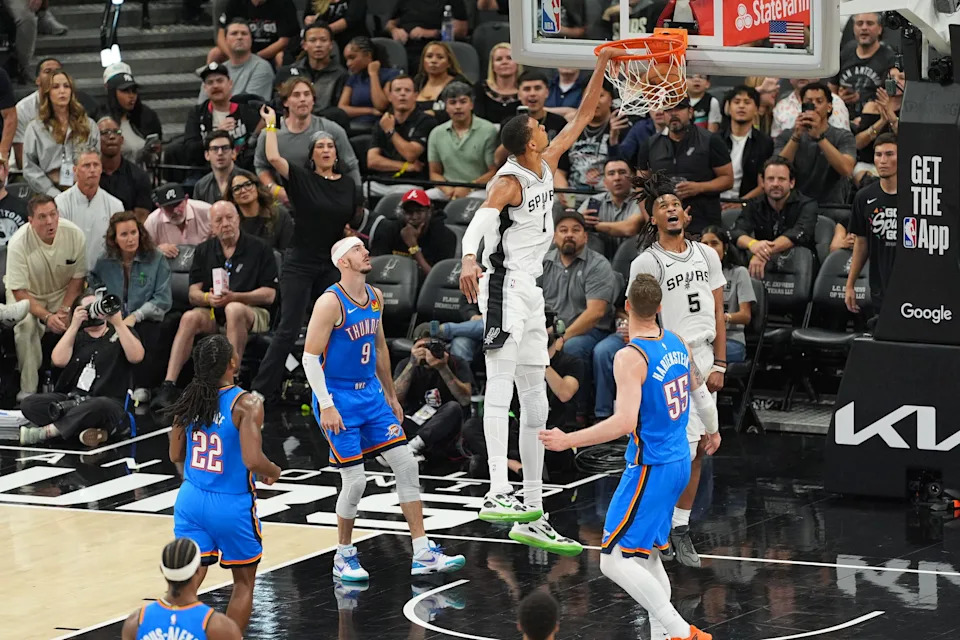 May 24, 2026; San Antonio, Texas, USA; San Antonio Spurs center Victor Wembanyama (1) dunks in the third quarter against the Oklahoma City Thunder during game four of the western conference finals for the 2026 NBA playoffs at Frost Bank Center. Mandatory Credit: Daniel Dunn-Imagn Images
