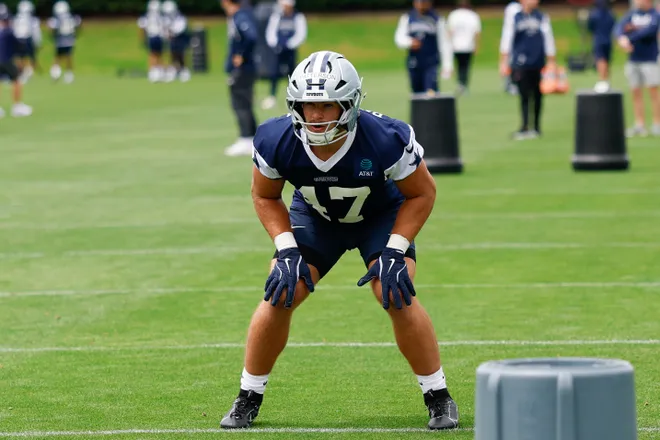 May 1, 2026; Frisco, TX, USA; Dallas Cowboys linebacker Langston Patterson (47) goes through a drill during practice at the Ford Center at the Star Training Facility in Frisco, Texas. Mandatory Credit: Chris Jones-Imagn Images