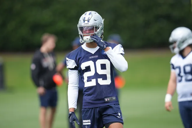 May 1, 2026; Frisco, TX, USA; Dallas Cowboys cornerback Devin Moore (29) on the field during practice at the Ford Center at the Star Training Facility in Frisco, Texas. Mandatory Credit: Chris Jones-Imagn Images