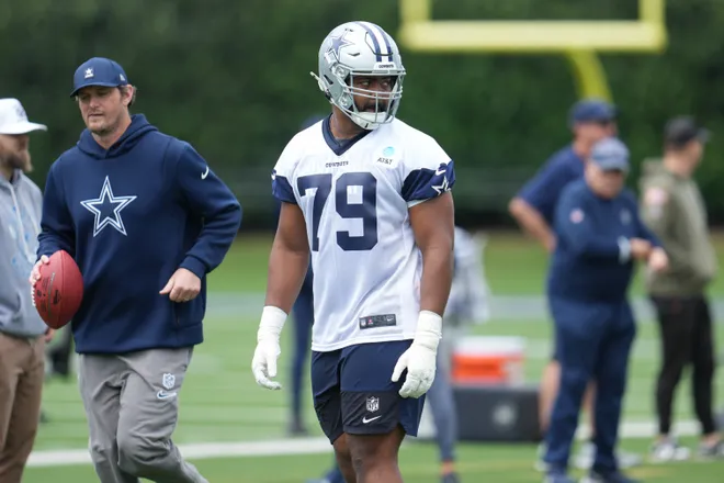 May 1, 2026; Frisco, TX, USA; Dallas Cowboys offensive tackle Marcellus Johnson (79) on the field during practice at the Ford Center at the Star Training Facility in Frisco, Texas. Mandatory Credit: Chris Jones-Imagn Images