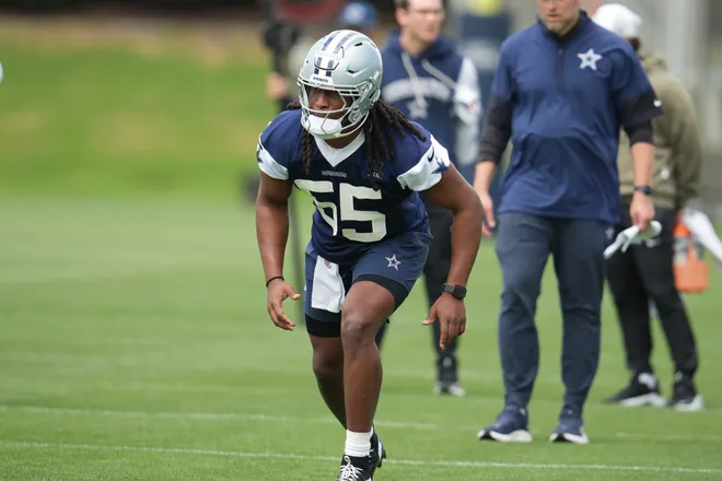 May 1, 2026; Frisco, TX, USA; Dallas Cowboys linebacker Jaishawn Barham (55) goes through a drill during practice at the Ford Center at the Star Training Facility in Frisco, Texas. Mandatory Credit: Chris Jones-Imagn Images