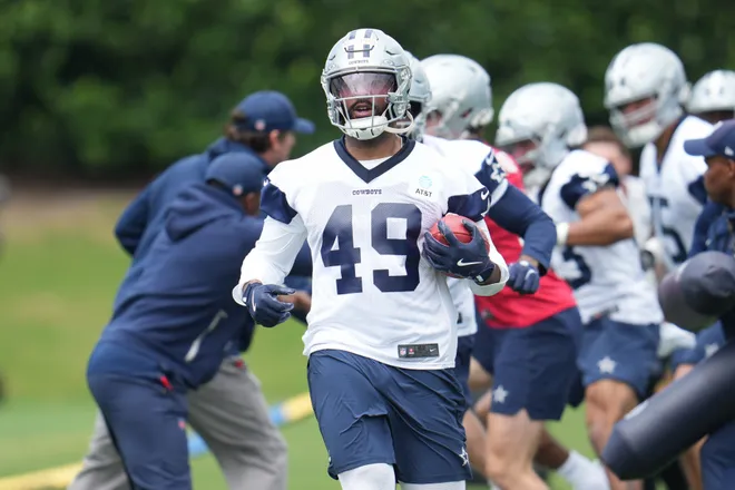 May 1, 2026; Frisco, TX, USA; Dallas Cowboys tight end DJ Rogers (49) goes through a drill during practice at the Ford Center at the Star Training Facility in Frisco, Texas. Mandatory Credit: Chris Jones-Imagn Images