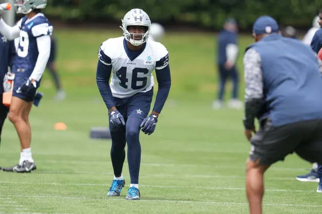 May 1, 2026; Frisco, TX, USA; Dallas Cowboys tight end Michael Trigg (46) goes through a drill during practice at the Ford Center at the Star Training Facility in Frisco, Texas. Mandatory Credit: Chris Jones-Imagn Images