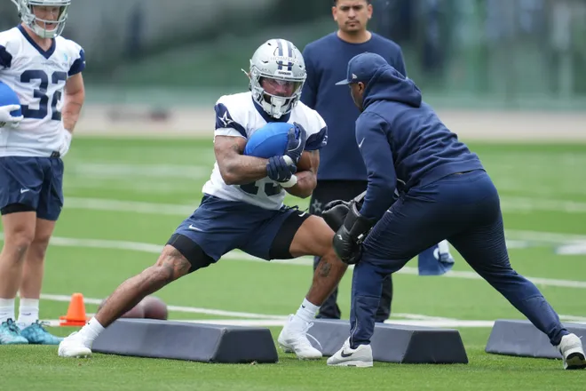 May 1, 2026; Frisco, TX, USA; Dallas Cowboys running back Dominic Richardson (43) goes through a drill during practice at the Ford Center at the Star Training Facility in Frisco, Texas. Mandatory Credit: Chris Jones-Imagn Images