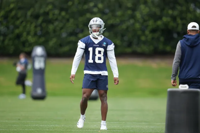 May 1, 2026; Frisco, TX, USA; Dallas Cowboys cornerback Caleb Downs (18) on the field during practice at the Ford Center at the Star Training Facility in Frisco, Texas. Mandatory Credit: Chris Jones-Imagn Images