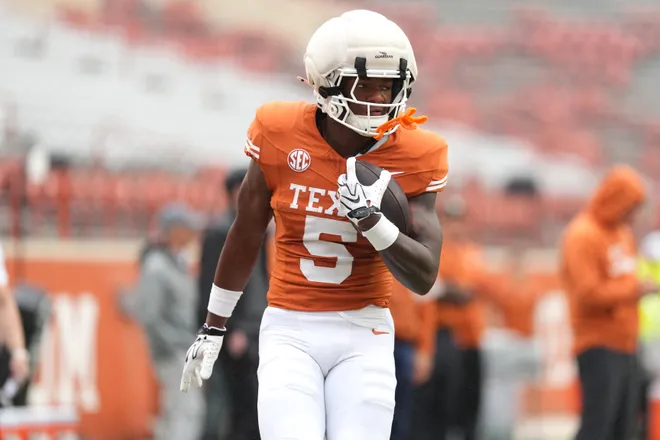 AUSTIN, TEXAS - APRIL 18: Derrek Cooper #5 of the Texas Longhorns runs a drill during the Texas Spring Football Game at Darrell K Royal-Texas Memorial Stadium on April 18, 2026 in Austin, Texas. (Photo by Scott Wachter/Getty Images for ONIT)