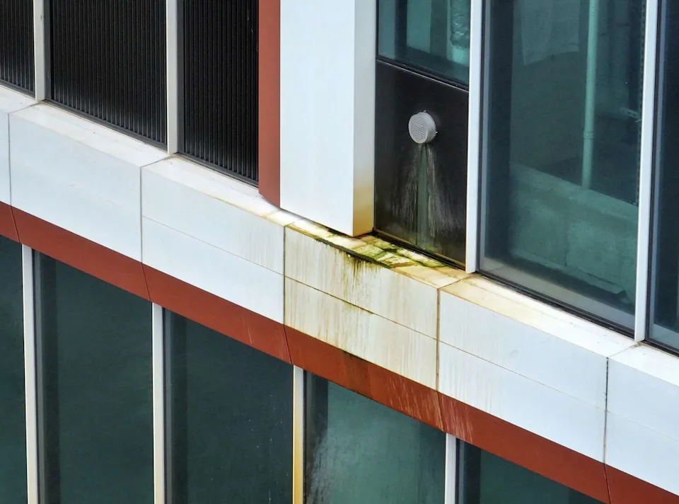 A stain is seen on The Waterline, a supertall skyscraper under construction in Austin on Monday, May 18, 2026. (Jay Janner/Austin American-Statesman)