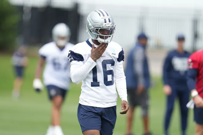 May 1, 2026; Frisco, TX, USA; Dallas Cowboys wide receiver Jordan Hudson (16) on the field during practice at the Ford Center at the Star Training Facility in Frisco, Texas. Mandatory Credit: Chris Jones-Imagn Images