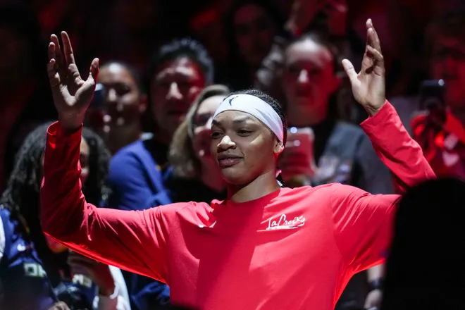 Indiana Fever forward-center Makayla Timpson (21) is introduced on Saturday, May 9, 2026, during the first half of the Fever's season opener game at Gainbridge Fieldhouse in Indianapolis.