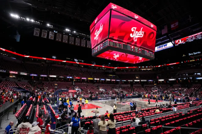 The Indiana Fever and the Dallas Wings warm up on Saturday, May 9, 2026, before the Fever's season opener game at Gainbridge Fieldhouse in Indianapolis.