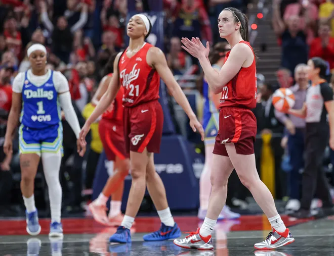 INDIANAPOLIS, INDIANA - MAY 9: Caitlin Clark #22 of the Indiana Fever reacts during the game during the second half against the Dallas Wings at Gainbridge Fieldhouse on May 9, 2026, in Indianapolis, Indiana. NOTE TO USER: User expressly acknowledges and agrees that, by downloading and or using this photograph, User is consenting to the terms and conditions of the Getty Images License Agreement. (Photo by Michael Hickey/Getty Images)