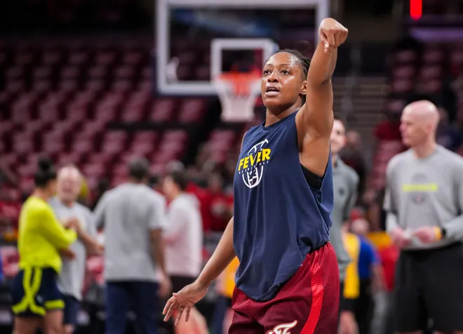 Indiana Fever guard Kelsey Mitchell (0) warms up on Saturday, May 9, 2026, before the Fever's season opener game at Gainbridge Fieldhouse in Indianapolis.