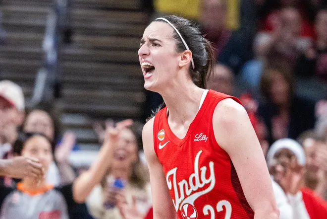 May 9, 2026; Indianapolis, Indiana, USA; Indiana Fever guard Caitlin Clark (22) celebrates in the second half against the Dallas Wings at Gainbridge Fieldhouse. Mandatory Credit: Trevor Ruszkowski-Imagn Images