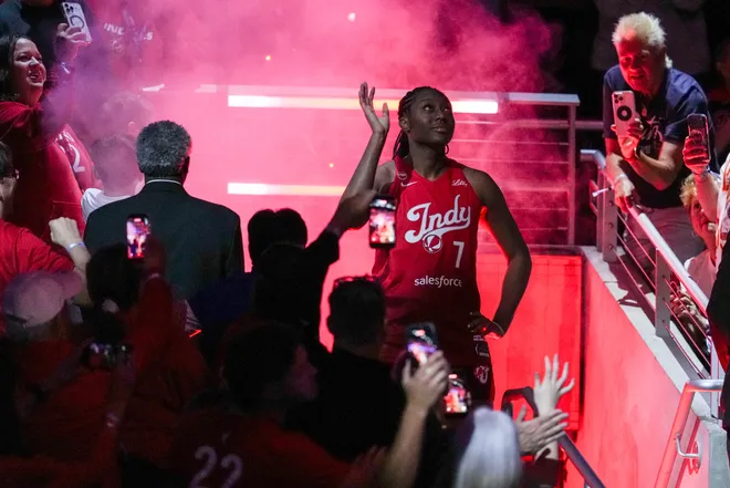 Indiana Fever center-forward Aliyah Boston (7) is introduced on Saturday, May 9, 2026, during the first half of the Fever's season opener game at Gainbridge Fieldhouse in Indianapolis.