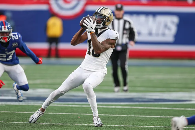 Dec 8, 2024; East Rutherford, New Jersey, USA; New Orleans Saints wide receiver Marquez Valdes-Scantling (10) makes a catch during the second half against the New York Giants at MetLife Stadium. Mandatory Credit: Vincent Carchietta-Imagn Images