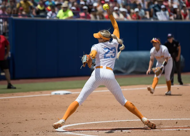 May 30, 2026; Oklahoma City, OK, USA; Tennessee Lady Volunteers pitcher Karlyn Pickens (23) throws a pitch in the first inning against the Texas Tech Red Raiders during the NCAA Women’s College World Series at Devon Park.