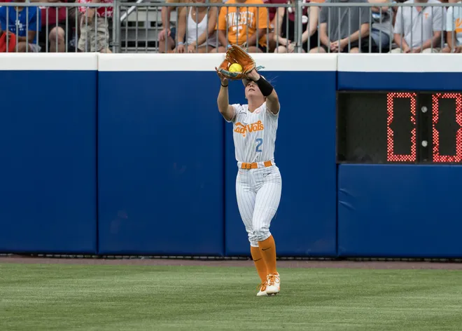 May 30, 2026; Oklahoma City, OK, USA; Tennessee Lady Volunteers outfielder Sophia Knight (2) catches the ball in the ninth inning against the Texas Tech Red Raiders during the NCAA Women’s College World Series at Devon Park.