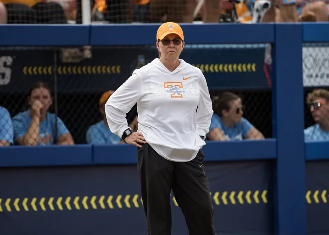 May 30, 2026; Oklahoma City, OK, USA; Tennessee Lady Volunteers head coach Karen Weekly looks on in the third inning against the Texas Tech Red Raiders during the NCAA Women’s College World Series at Devon Park.