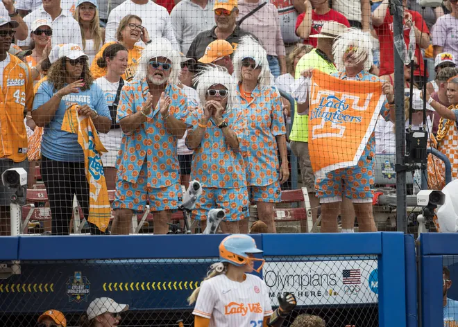 May 30, 2026; Oklahoma City, OK, USA; Tennessee Lady Volunteers fans cheer in the fifth inning during the game against the Texas Tech Red Raiders in the NCAA WomenÕs College World Series at Devon Park.