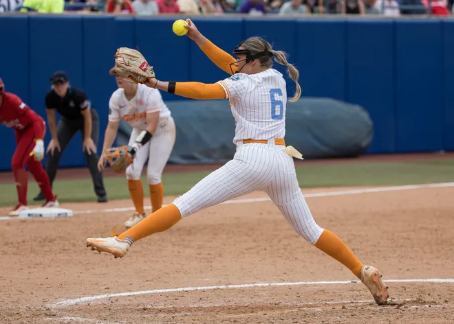 May 30, 2026; Oklahoma City, OK, USA; Tennessee Lady Volunteers pitcher Sage Mardjetko (6) throws a pitch in the seventh inning against the Texas Tech Red Raiders during the NCAA Women's College World Series at Devon Park.