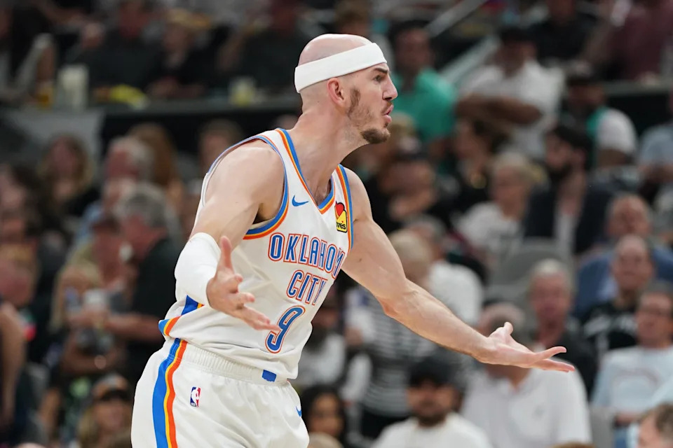 May 28, 2026; San Antonio, Texas, USA; Oklahoma City Thunder guard Alex Caruso (9) reacts in the first half during game six of the western conference finals for the 2026 NBA playoffs at Frost Bank Center. Mandatory Credit: Dustin Safranek-Imagn Images