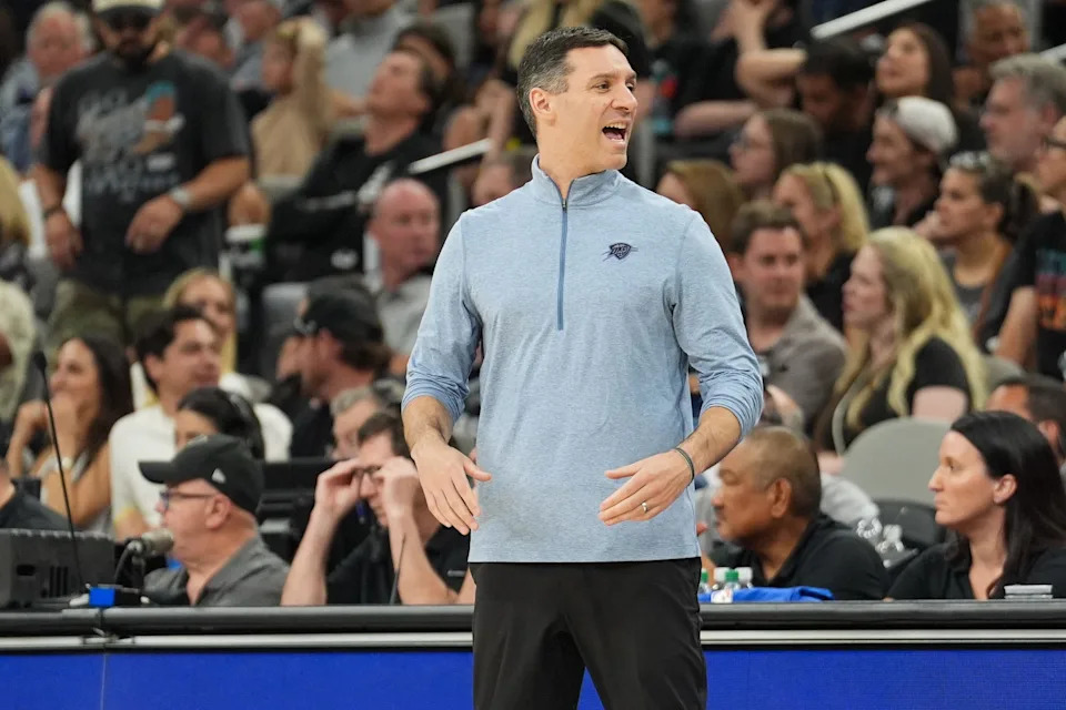 May 24, 2026; San Antonio, Texas, USA; Oklahoma City Thunder head coach Mark Daigneault reacts in the fourth quarter against the San Antonio Spurs during game four of the western conference finals for the 2026 NBA playoffs at Frost Bank Center. Mandatory Credit: Daniel Dunn-Imagn Images