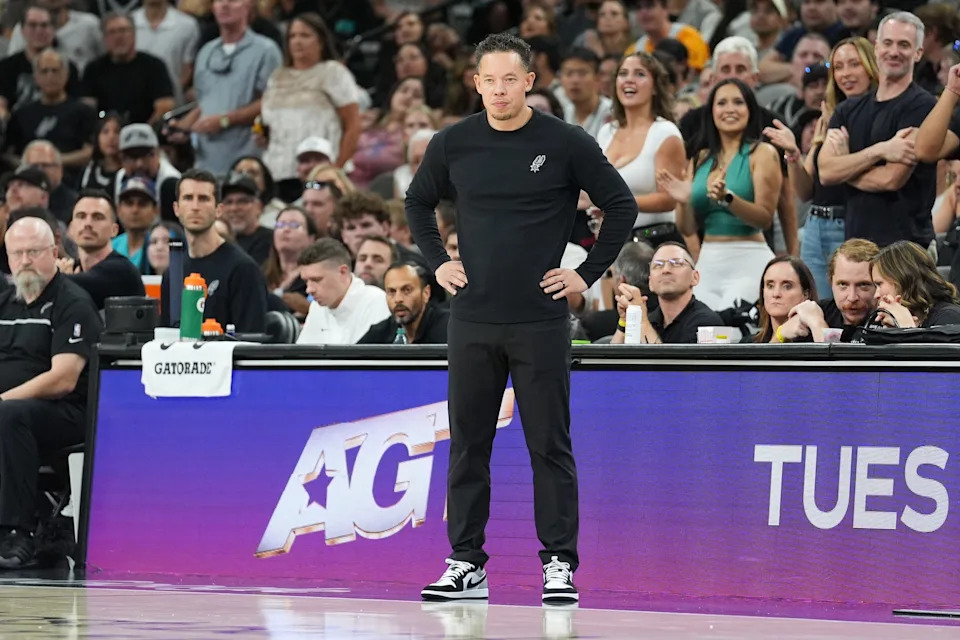 May 24, 2026; San Antonio, Texas, USA; San Antonio Spurs head coach Mitch Johnson looks on in the fourth quarter against the Oklahoma City Thunder during game four of the western conference finals for the 2026 NBA playoffs at Frost Bank Center. Mandatory Credit: Daniel Dunn-Imagn Images