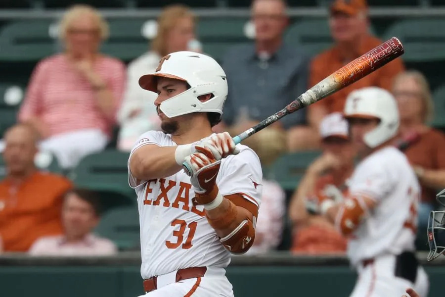 AUSTIN, TX – MAY 05: Texas Longhorns infielder Casey Borba #31 watches his ground ball from the batter’s box during the college baseball game between Texas Longhorns and UTSA Roadrunners on May 5, 2026, at UFCU Disch-Falk Field in Austin, TX. (Photo by David Buono/Icon Sportswire via Getty Images)