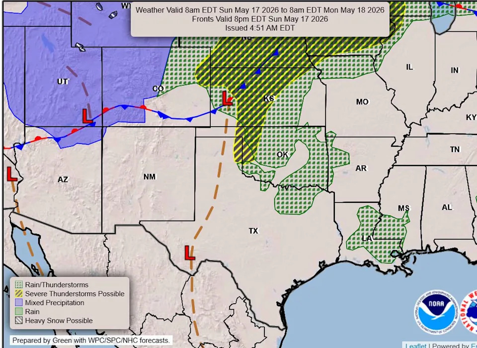A cold front will begin moving into Texas Sunday night, but its southward progression will be slow, likely not reaching Central Texas until the middle of next week. (Weather Prediction Center)