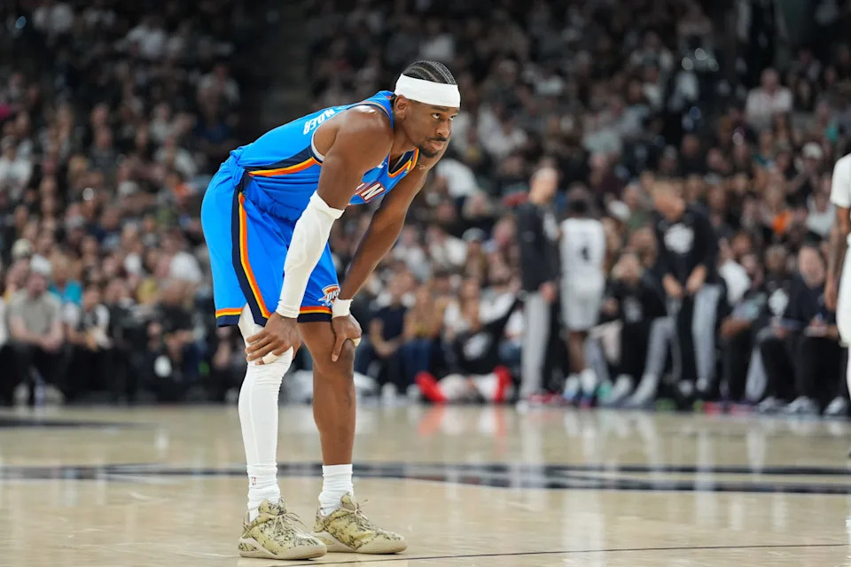 May 24, 2026; San Antonio, Texas, USA; Oklahoma City Thunder guard Shai Gilgeous-Alexander (2) looks on in the first quarter against the San Antonio Spurs during game four of the western conference finals for the 2026 NBA playoffs at Frost Bank Center. Mandatory Credit: Daniel Dunn-Imagn Images